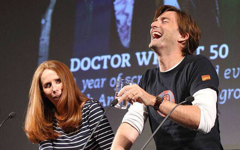 LONDON, ENGLAND - SEPTEMBER 29: Catherine Tate and David Tennant (R) onstage as the BFI celebrates 50 years of Doctor Who with special screenings of "Doctor Who: The Stolen Earth" and "Doctor Who: Journey's End" at BFI Southbank on September 29, 2013 in London, England. (Photo by Mike Marsland/WireImage)