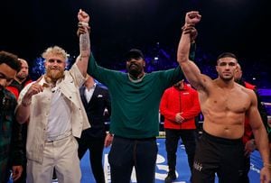 Boxing - Artur Beterbiev v Anthony Yarde - OVO Wembley Arena, London, Britain - January 28, 2023 Jake Paul, Tommy Fury and Dereck Chisora pose for photographers before the fight Action Images via Reuters/Andrew Couldridge