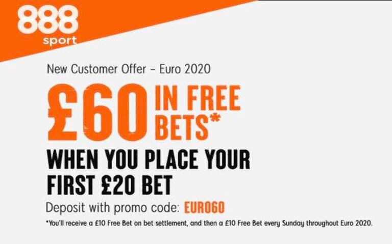 Bet £20 at 888sport, Get £60 in Free Bets for Euro 2020