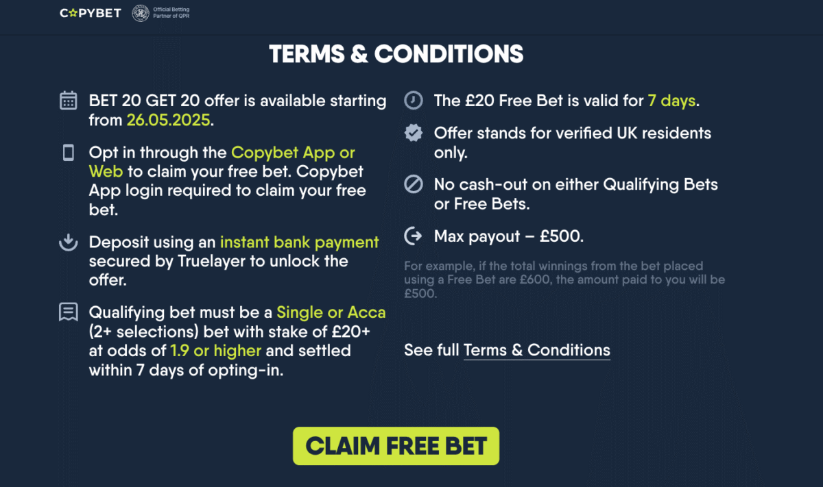 CopyBet sign up offer terms and conditions