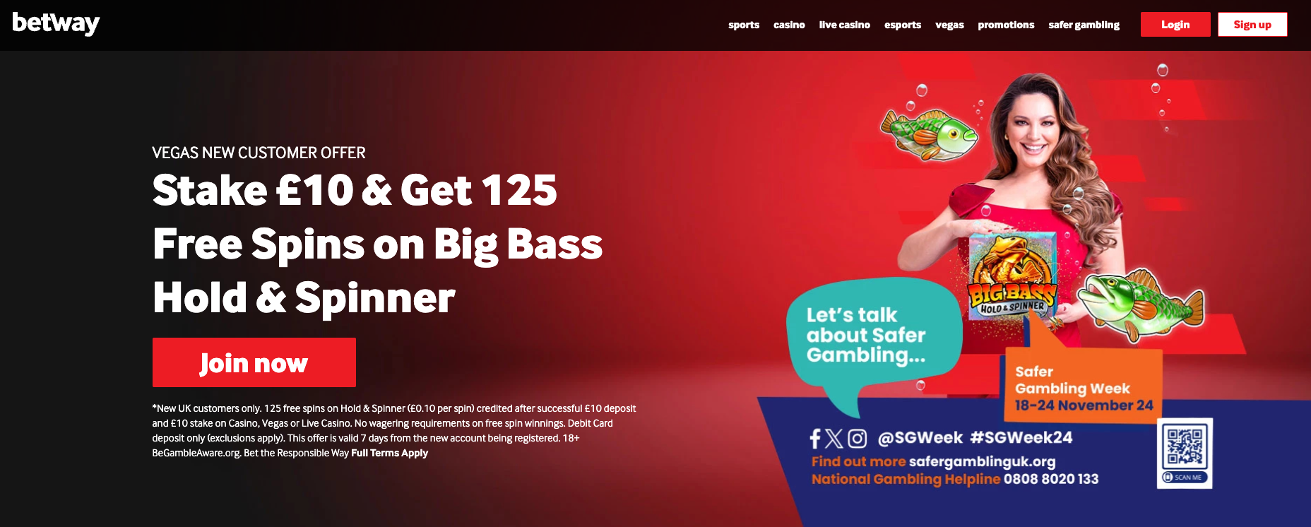 The Betway welcome offer includes 125 free spins on Big Bass Hold & Spinner