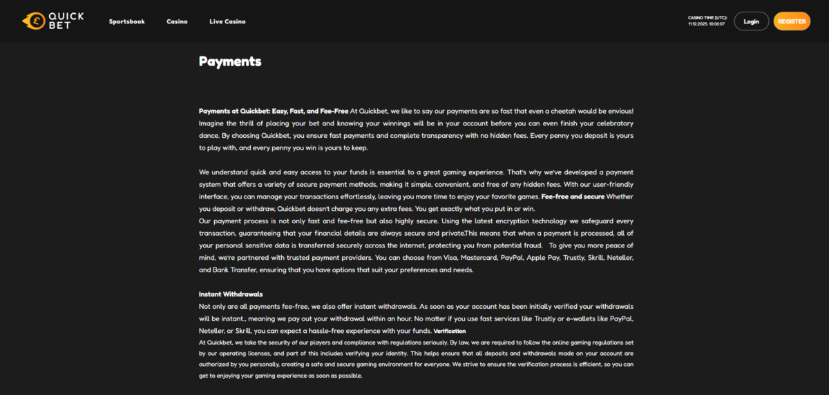 quick bet casino payment details