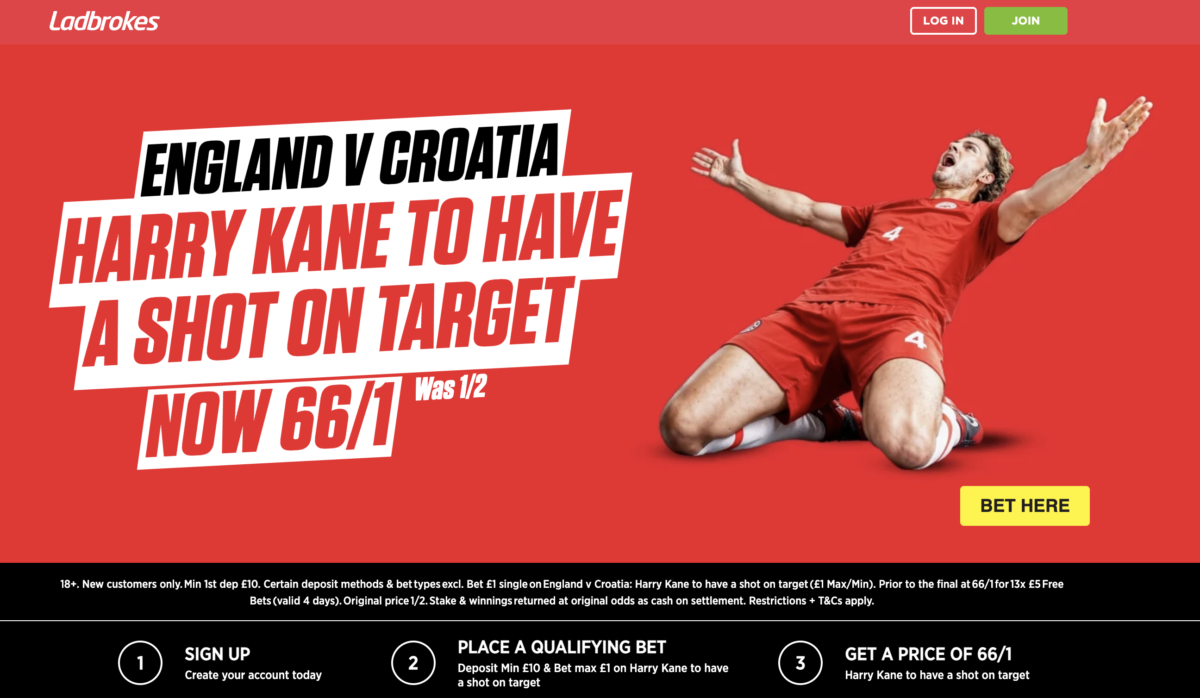 Ladbrokes Offer - 66/1 on Harry Kane to have a SOT vs Croatia